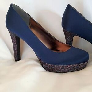 Navy Blue Glitter Heel Stilettos sz 6  Satin Dress  platforms